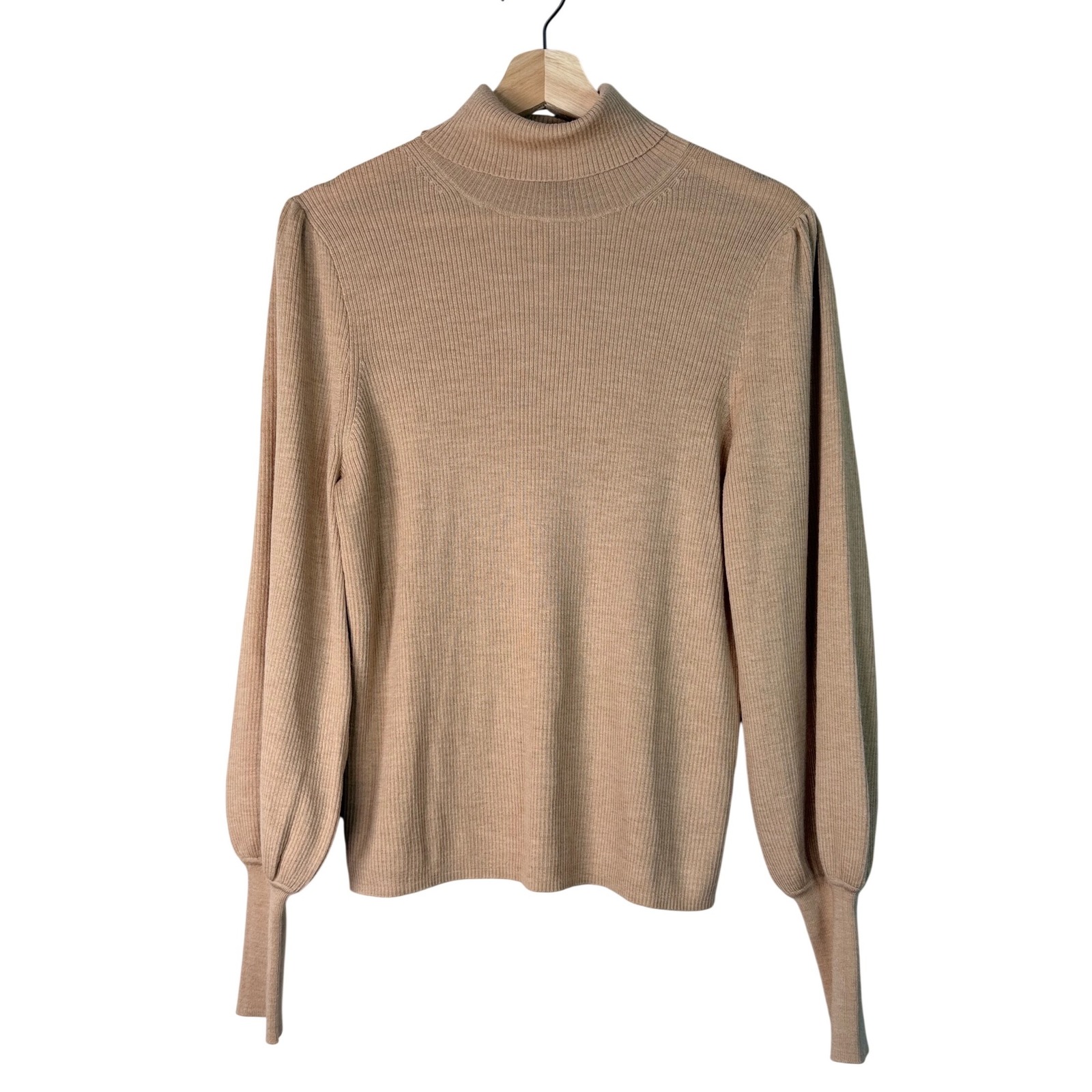 J Crew Ribbed Turtleneck Sweater Beige Balloon Sleeve Merino Wool Size M